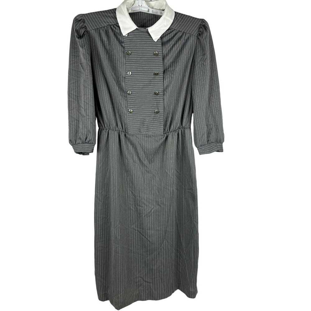 Vintage Gray Striped Long Sleeve Dress Size 14 Button Front White Collar